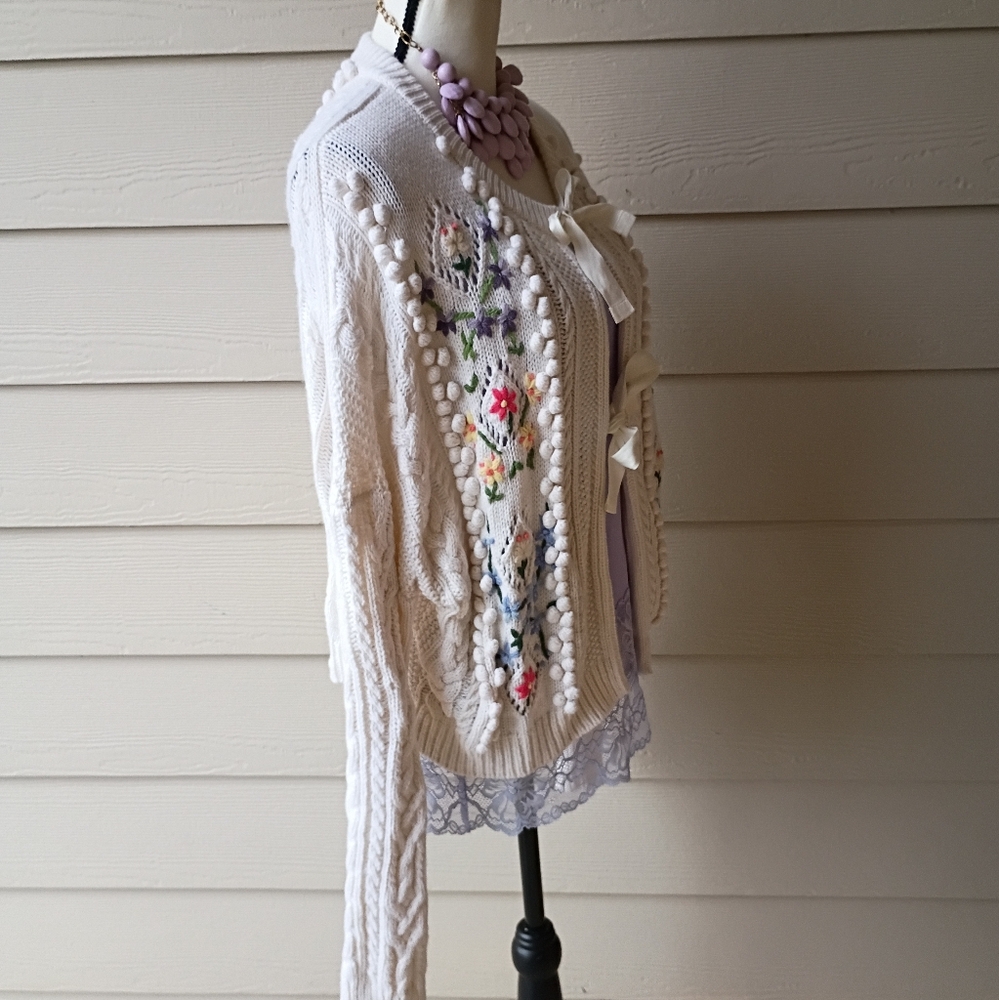 Polo Ralph Lauren Embroidered Floral Chunky Cable Knit Wool Cardigan Sweater - Picture 6 of 16